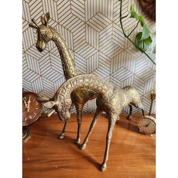 Vintage Pair of Very Large Solid Brass Giraffe Statues 20 inches
